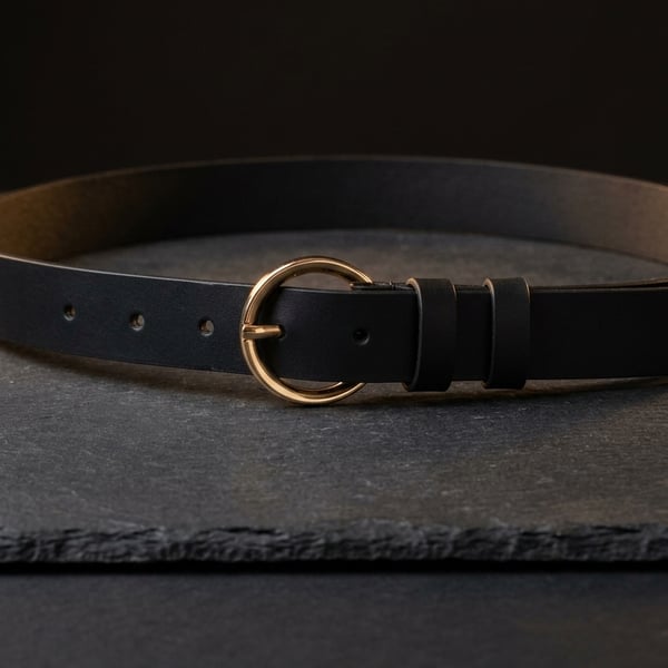 Black Full Grain Leather Belt Gold-Tone Round Buckle Womens Belt 25mm 1 Inch