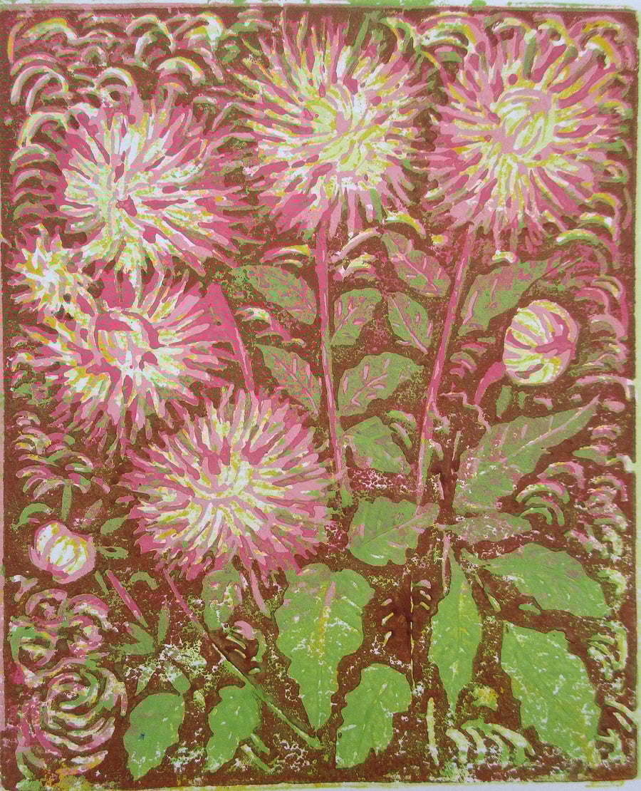 Dahlias - Original Hand Pressed Linocut Print Limited Edition