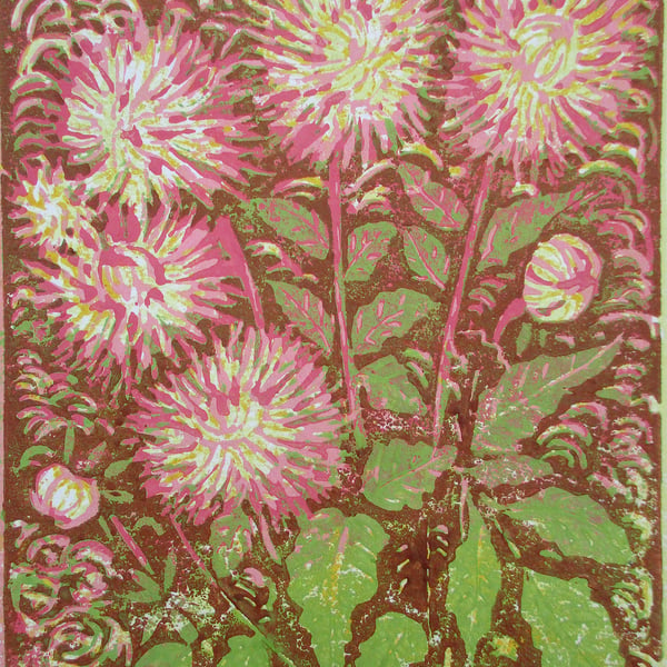 Dahlias - Original Hand Pressed Linocut Print Limited Edition