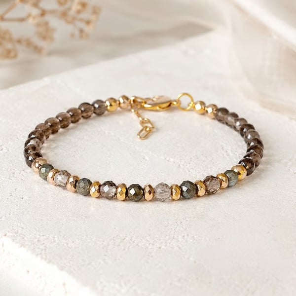 Smoky Quartz Bracelet with Pyrite - Minimalist Gemstone Bracelet - Handmade Gift