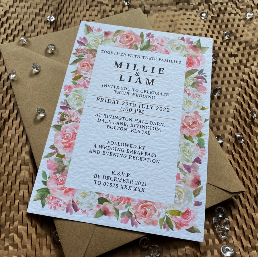 10 pink white frame of ROSES wedding INVITE cards blush rustic A5 A6 invitations