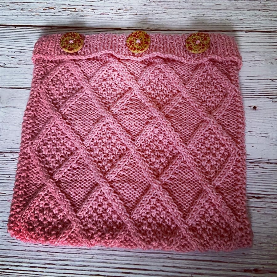 SOLD - SALE - Hand knitted aran design cushion cover 10"x10" - PINK