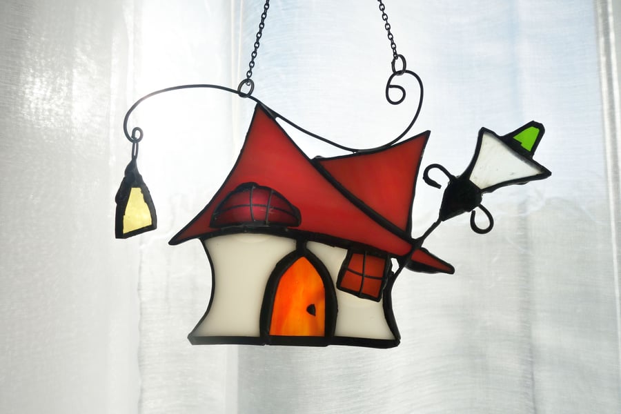  Stained Glass  Fairy Cottage Suncatcher Window Decoration