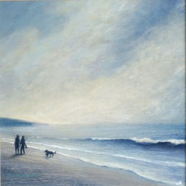 Evening walkies on the beach original acrylic painting dog walking