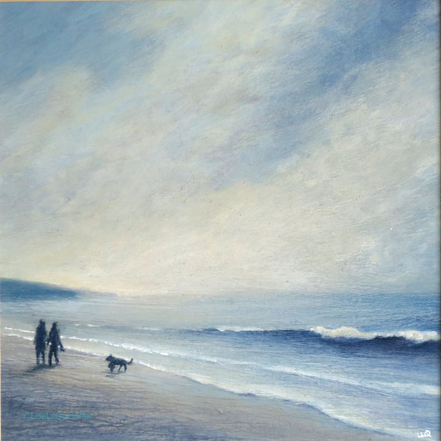 Evening walkies on the beach original acrylic painting dog walking