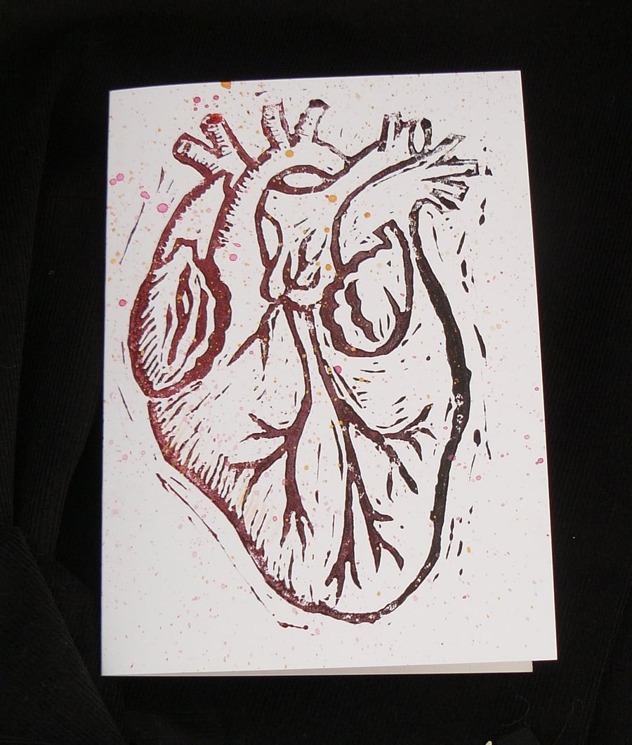Linocut Greetings Card - Anatomical Heart - Valentine, Wedding, Anniversary Card