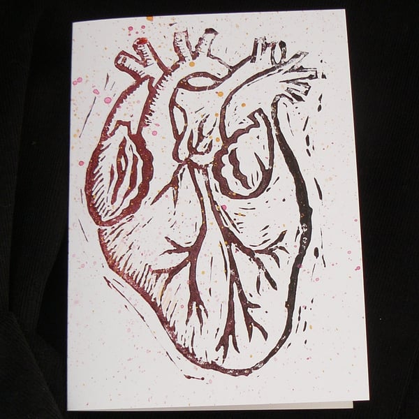 Linocut Greetings Card - Anatomical Heart - Valentine, Wedding, Anniversary Card