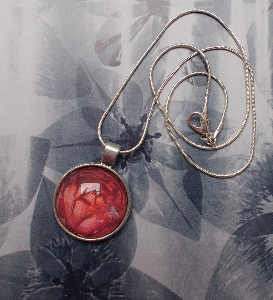  A Unique Blousy Red Rose Vintage Illustration within a Cabochon Pendant