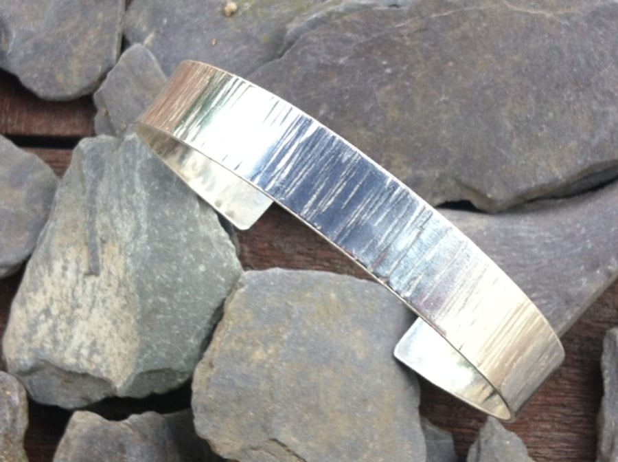 Sterling Silver Wide Cuff Bangle, 925 Silver Bark Textured Bangle