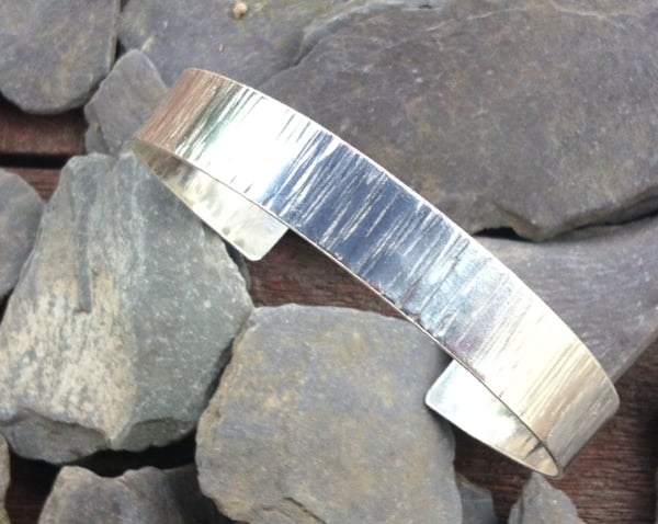 Sterling Silver Wide Cuff Bangle, 925 Silver Bark Textured Bangle