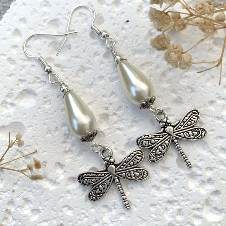 Vintage Style Pearl Teardrop Dragonfly Silver Drop Earrings