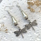 Vintage Style Pearl Teardrop Dragonfly Silver Drop Earrings