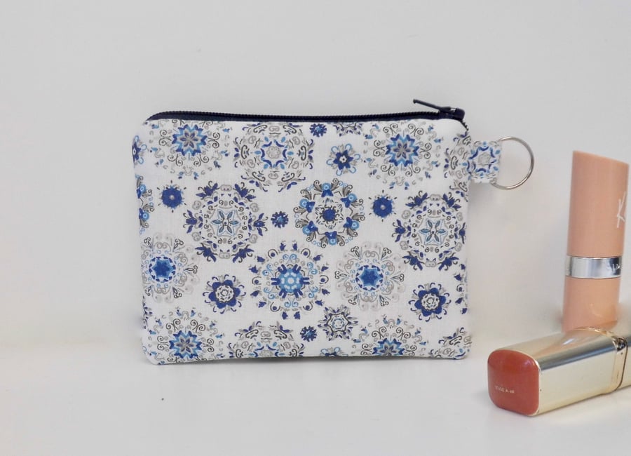 Coin purse in blue and white print fabric
