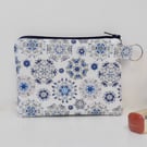 Coin purse in blue and white print fabric