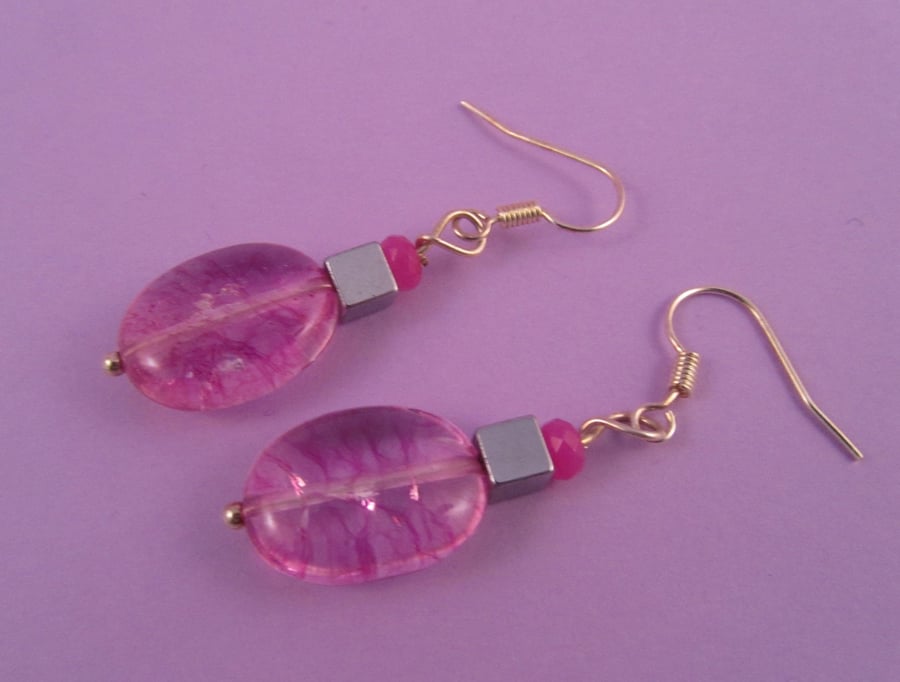 Pink Crackled Quartz and Haematite Drop Earrings