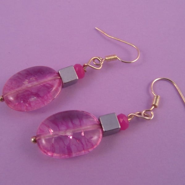 Pink Crackled Quartz and Haematite Drop Earrings