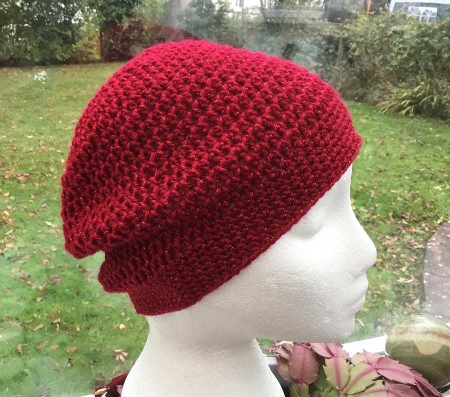 Cranberry Red Twinkle Crocheted Beanie, Soft Beret or Slouchy Hat.