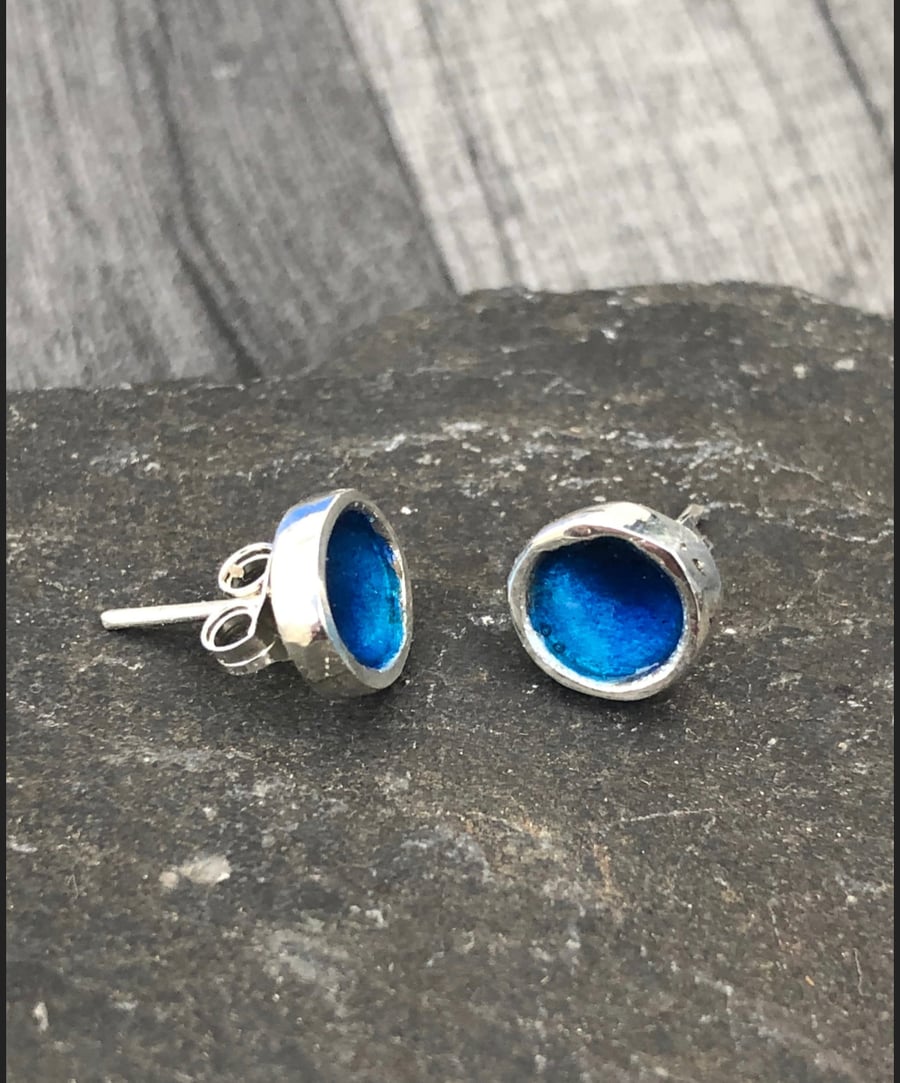 Enamel studs, blue enamel studs, rock pool studs, blue round studs, enamel, 