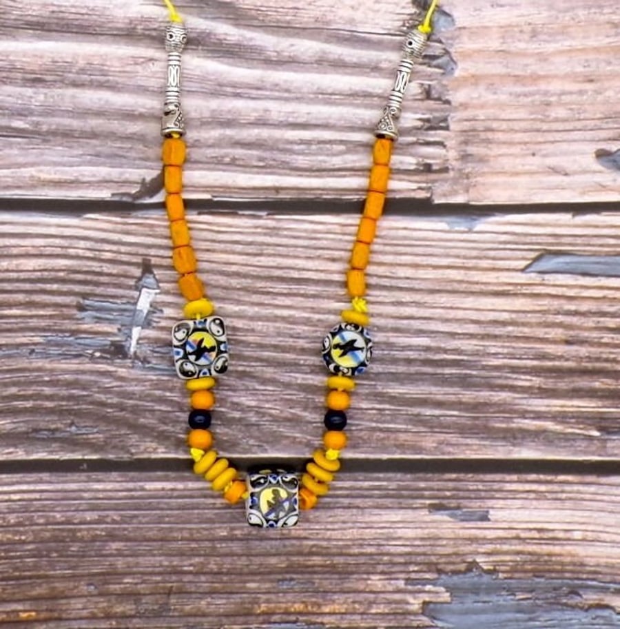 Handmade Yellow Hemp Necklace Surfer Girl Ceramic Beads, Tibetan Silver