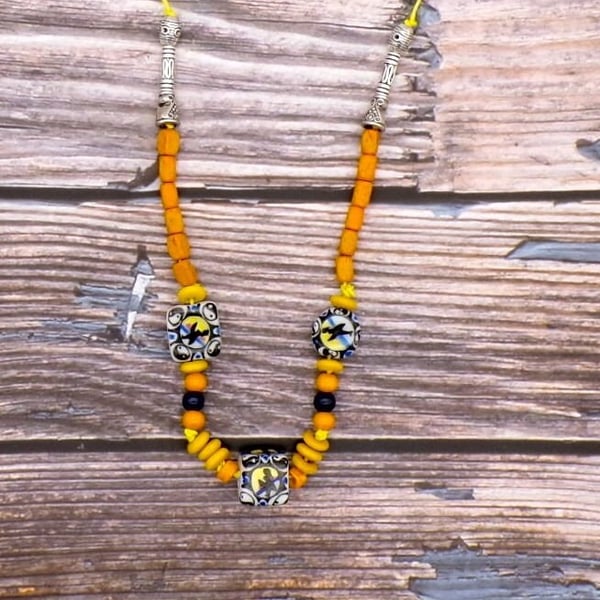 Handmade Yellow Hemp Necklace Surfer Girl Ceramic Beads, Tibetan Silver