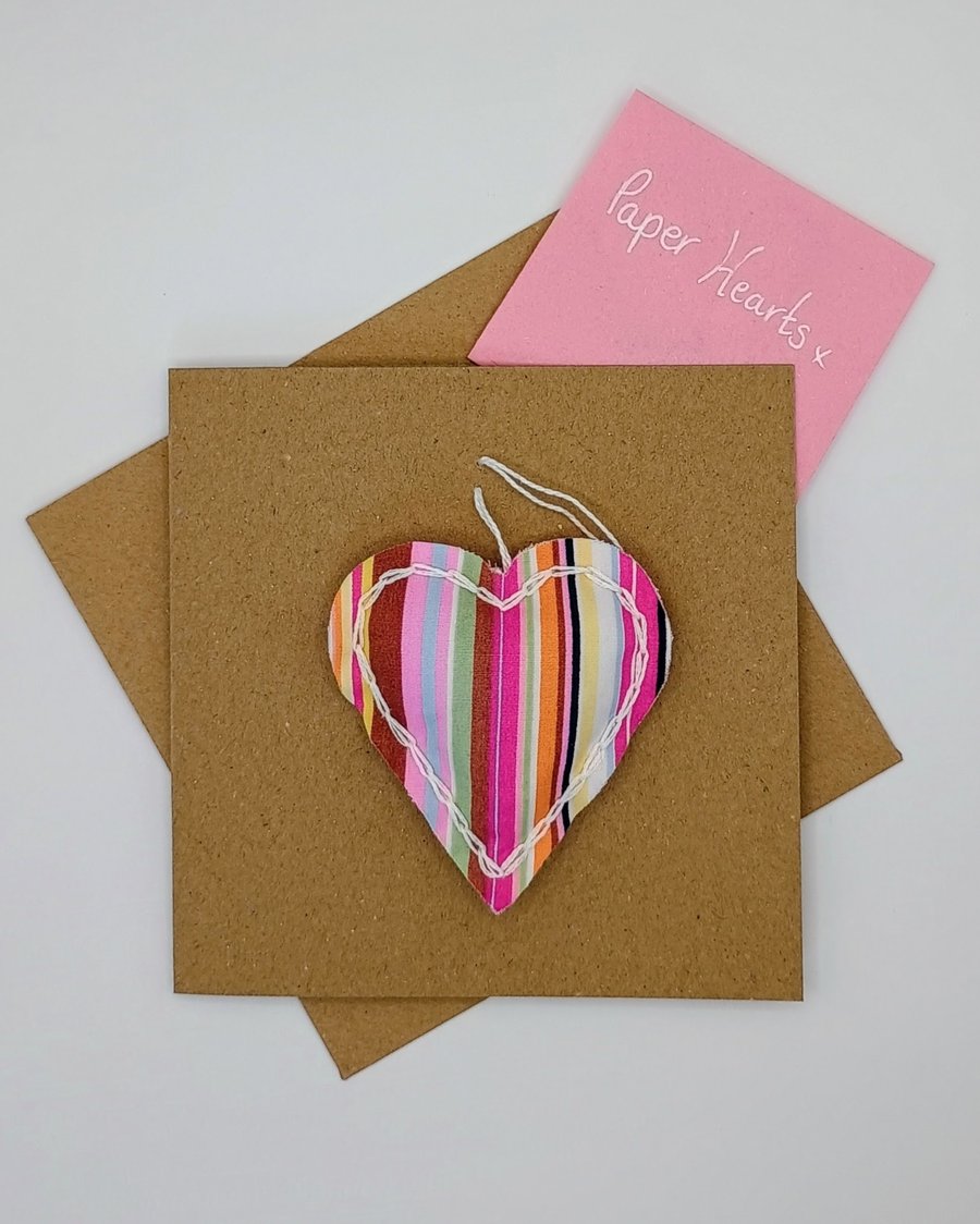 Pink Striped Fabric Heart Keepsake Greetings Card - Anniversary Card - Blank