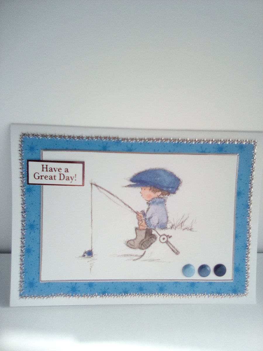 Boy fishing handmade blank all occasion card.