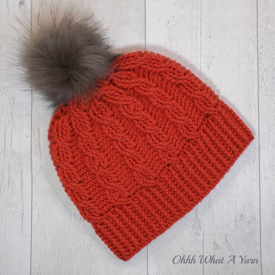 Ladies orange, burnt orange cable pom pom hat. Crochet hat. Ladies hat.