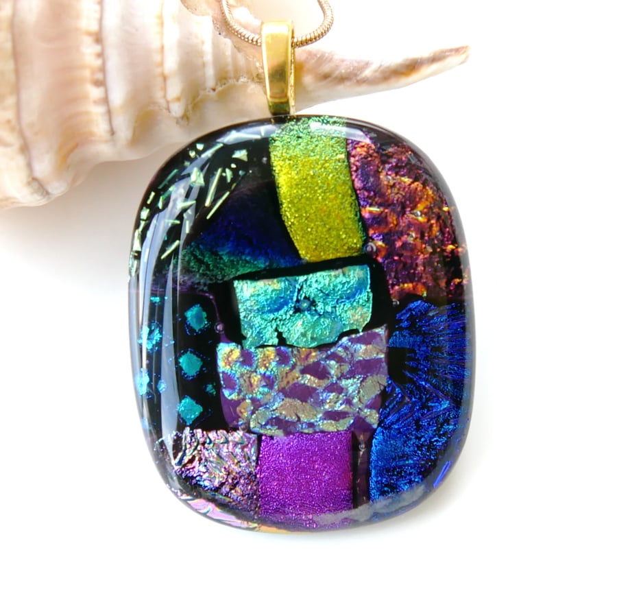 Dichroic Glass S019 Supersize Patchwork 3-layer Pendant with Gold plated chain