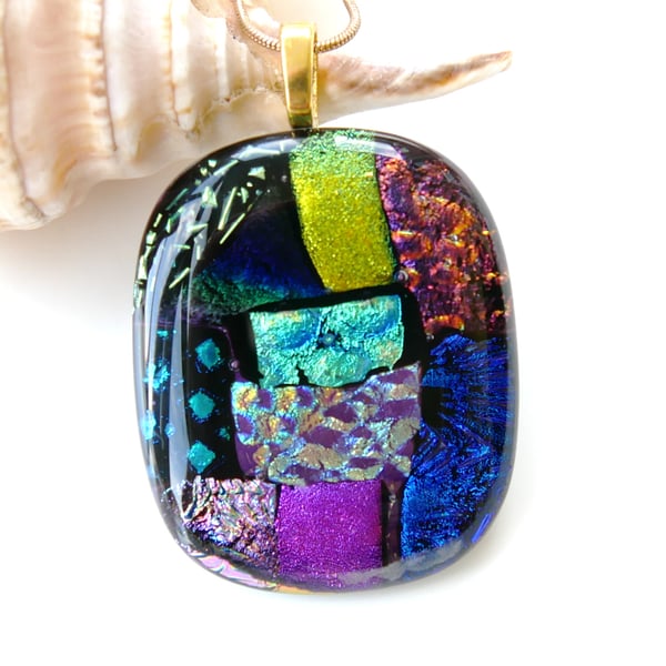 Dichroic Glass S019 Supersize Patchwork 3-layer Pendant with Gold plated chain