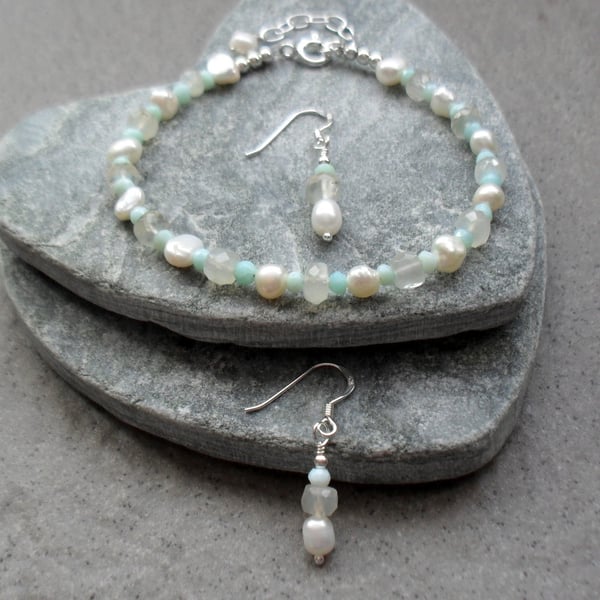 Freshwater Pearl Blue Opal and Moonstone Sterling Silver Bracelet and Earrings