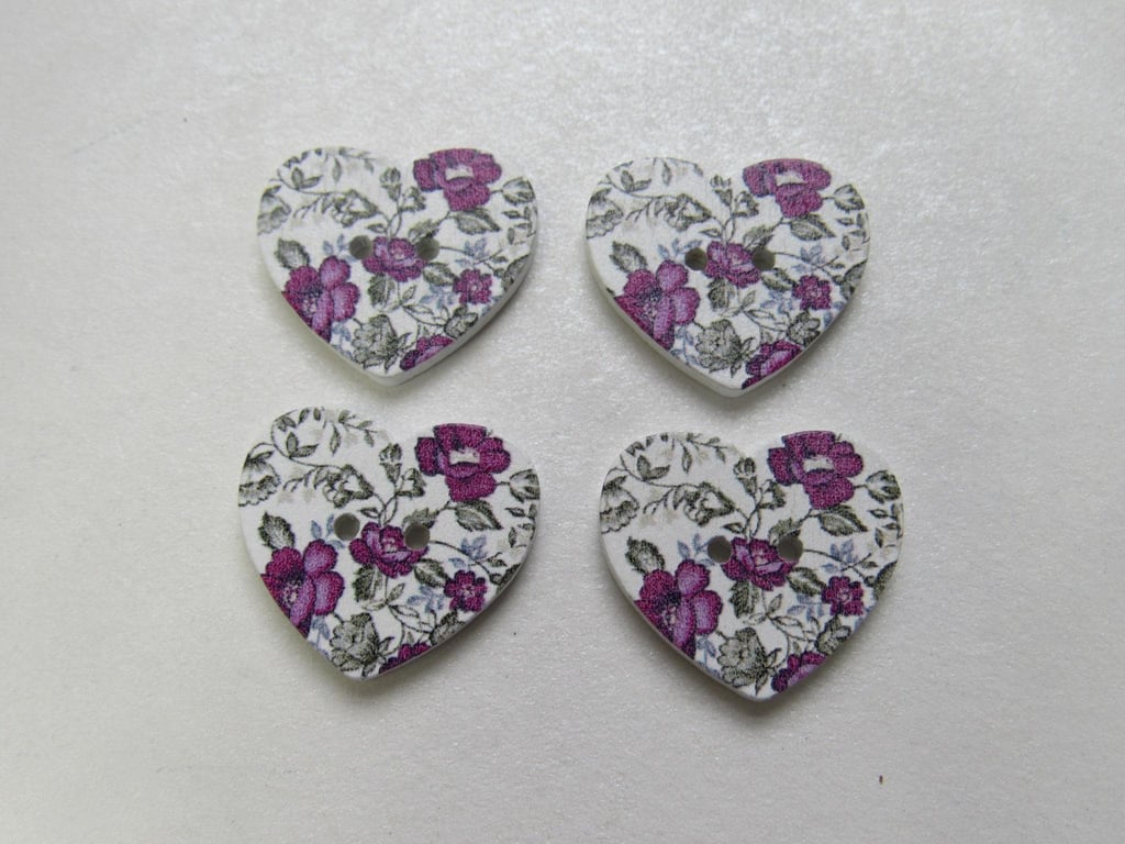4 Medium Heart Shaped Wooden Craft Buttons