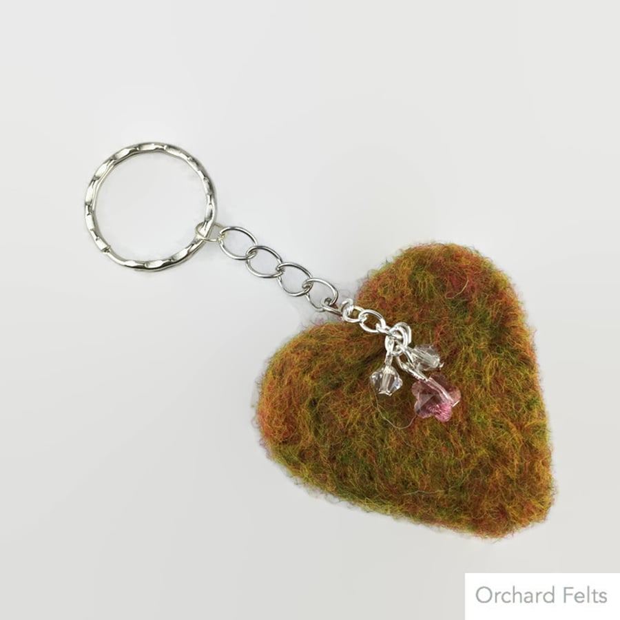 Needle felted heart keyring embellished with Swarovski elements