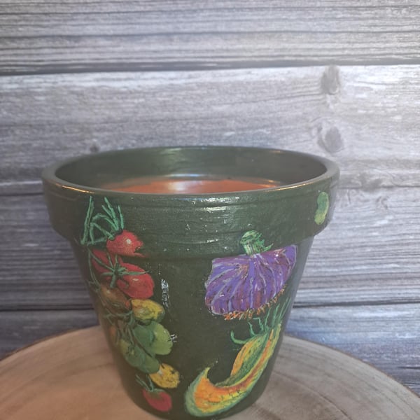 Hand Painted Terracotta Pot, Vegetable Garden Planter, Weatherproof Indoor Outdo