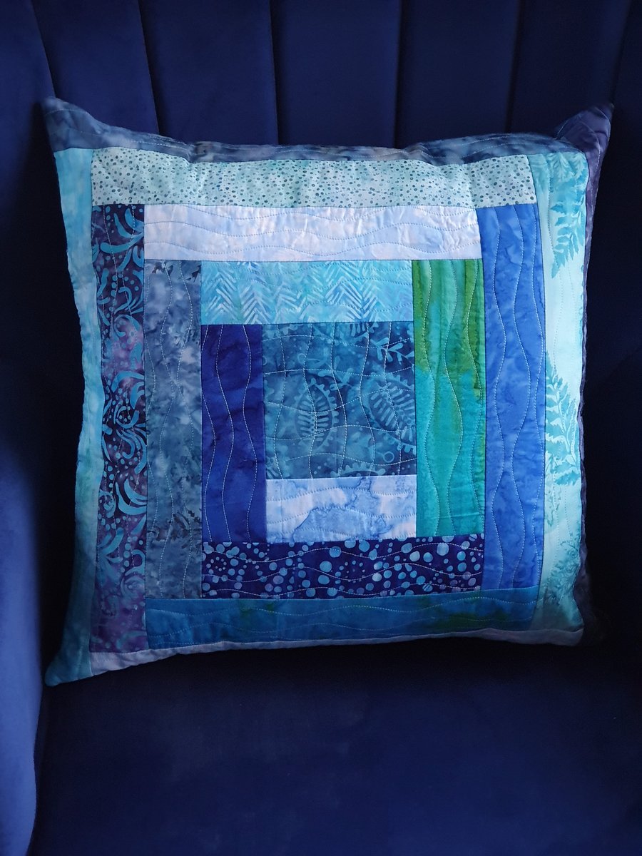 Quilted Cushion in Aqua and Blue Batik Fabrics 