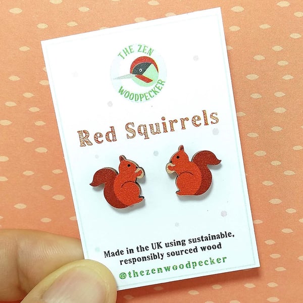 Red Squirrel Earrings, Animal Studs Wood, Silver Plated or Sterling Silver Backs
