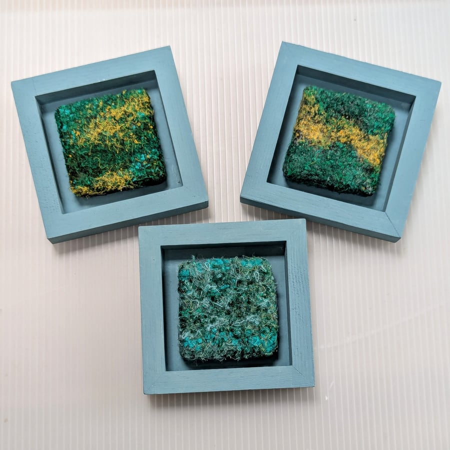 Green Abstract Textile Mini Art in Teal Painted wooden frame.