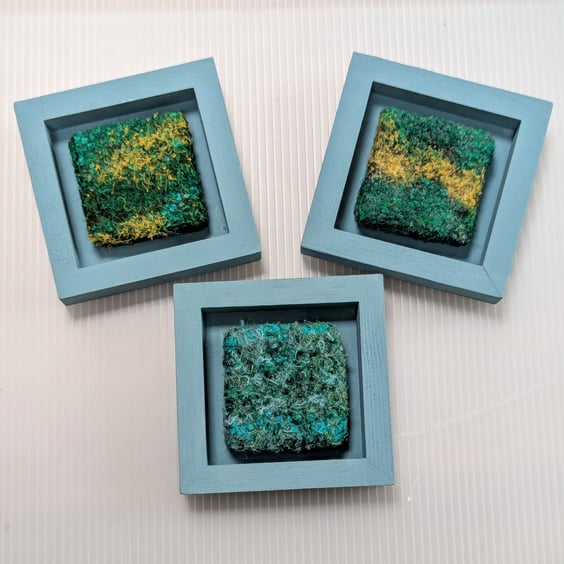 Green Abstract Textile Mini Art in Teal Painted wooden frame.