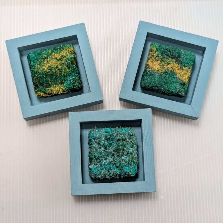 Green Abstract Textile Mini Art in Teal Painted wooden frame.