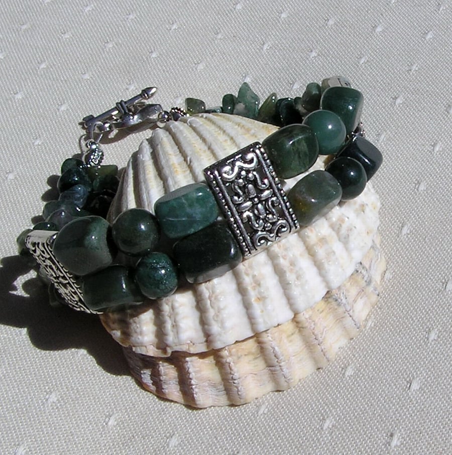 Green Moss Agate Crystal Gemstone Bracelet "Meadow Moss"