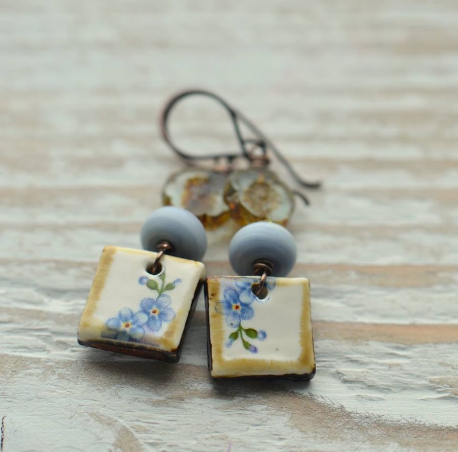 Earrings with floral ceramic, lampwork glass and Czech Beads