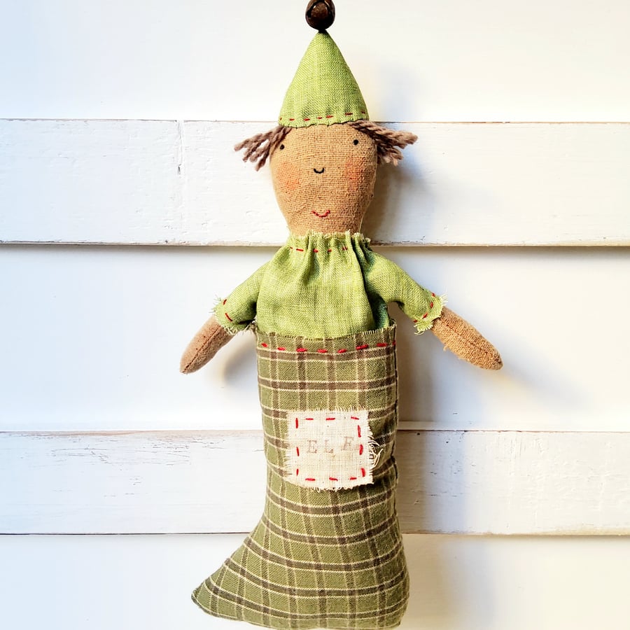 Primitive Elf in a Christmas stocking 