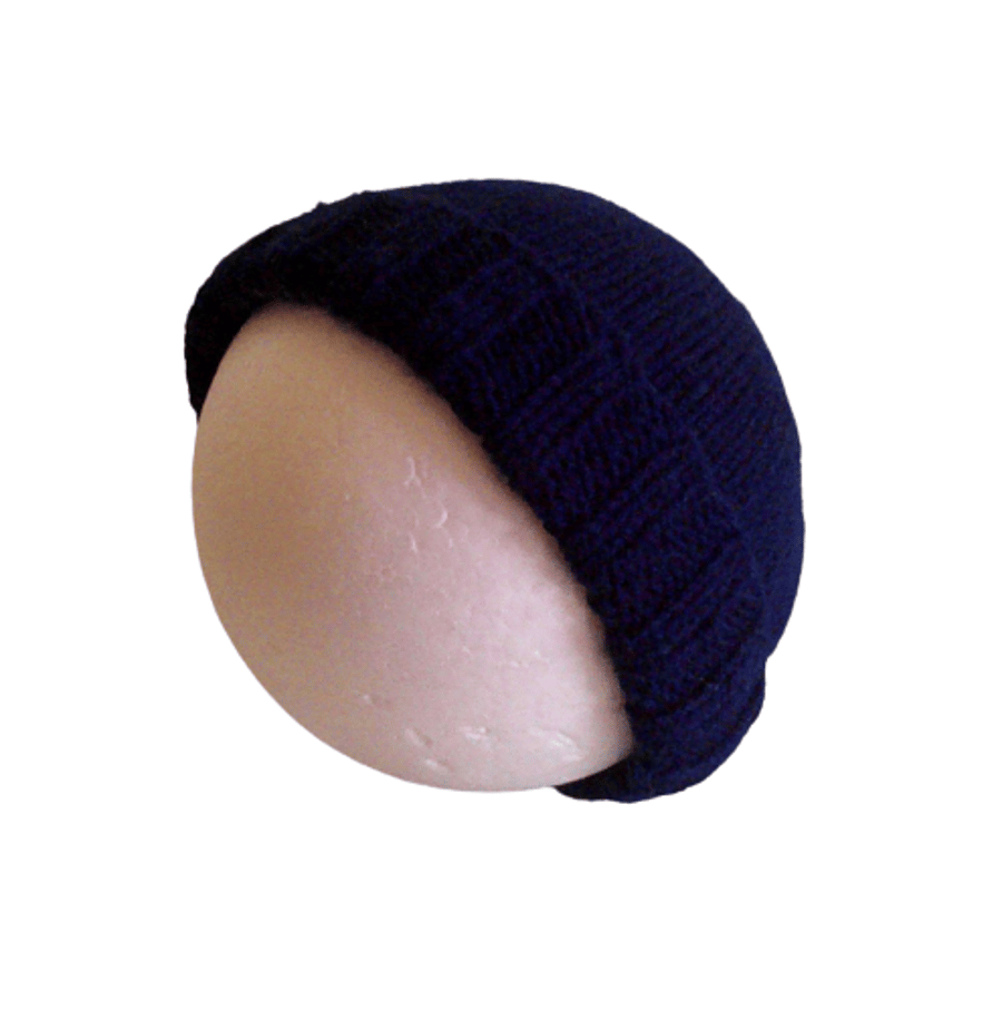 Hand-Knitted Navy Blue Beanie Hat - 2-3 years