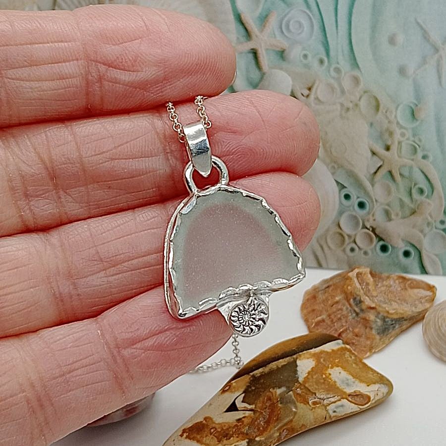 Sea glass necklace with ammonite sterling silver