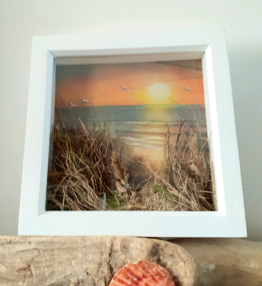  Framed "Sunset and Seascape" pastel painting embellished with grasses and sand