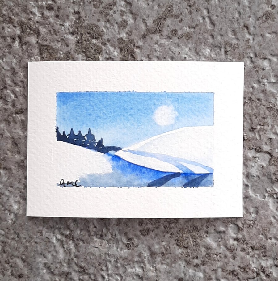 Snow Moon Abstract Handpainted ACEO. Original Watercolour Painting