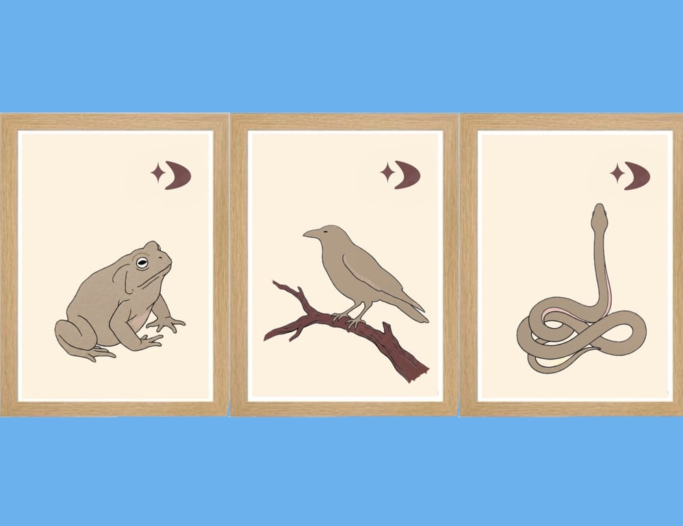 Woodland Creature Print Set – Frog, Snake and Raven