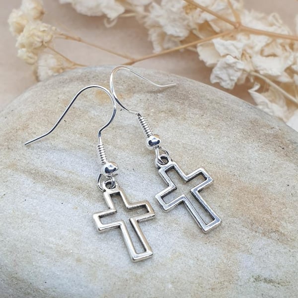 silver plated earrings with silver plated cross charm