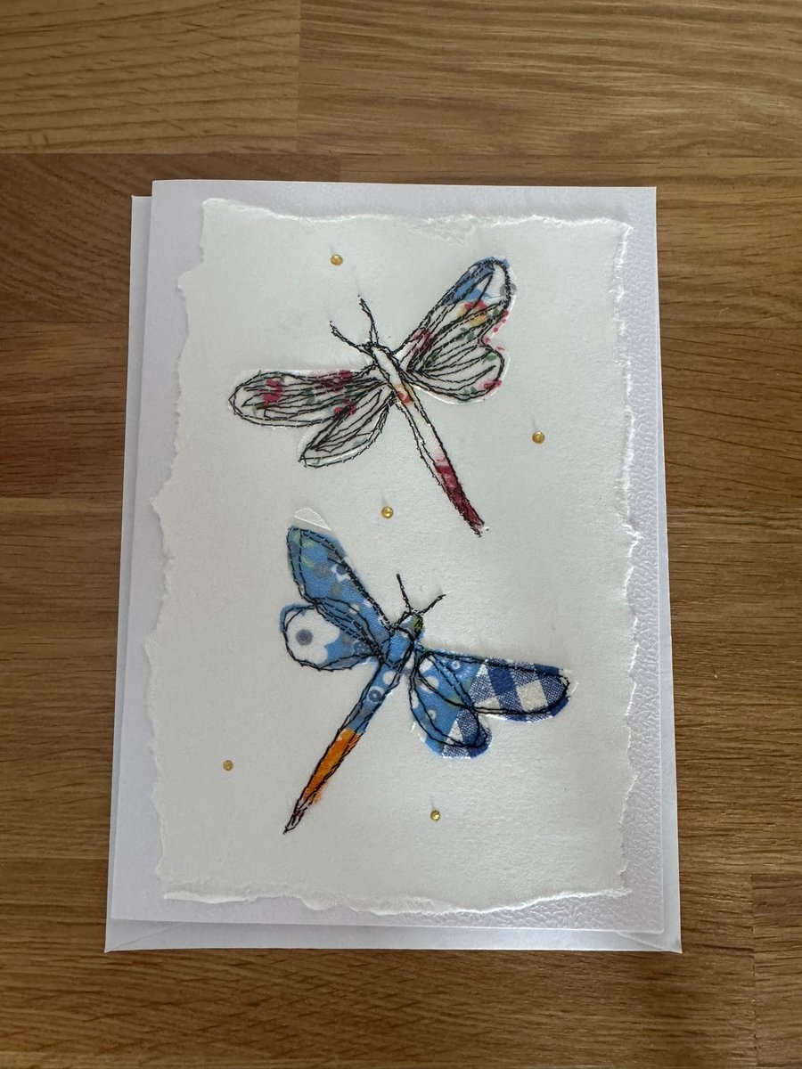 Handmade card featuring two dragonflies 