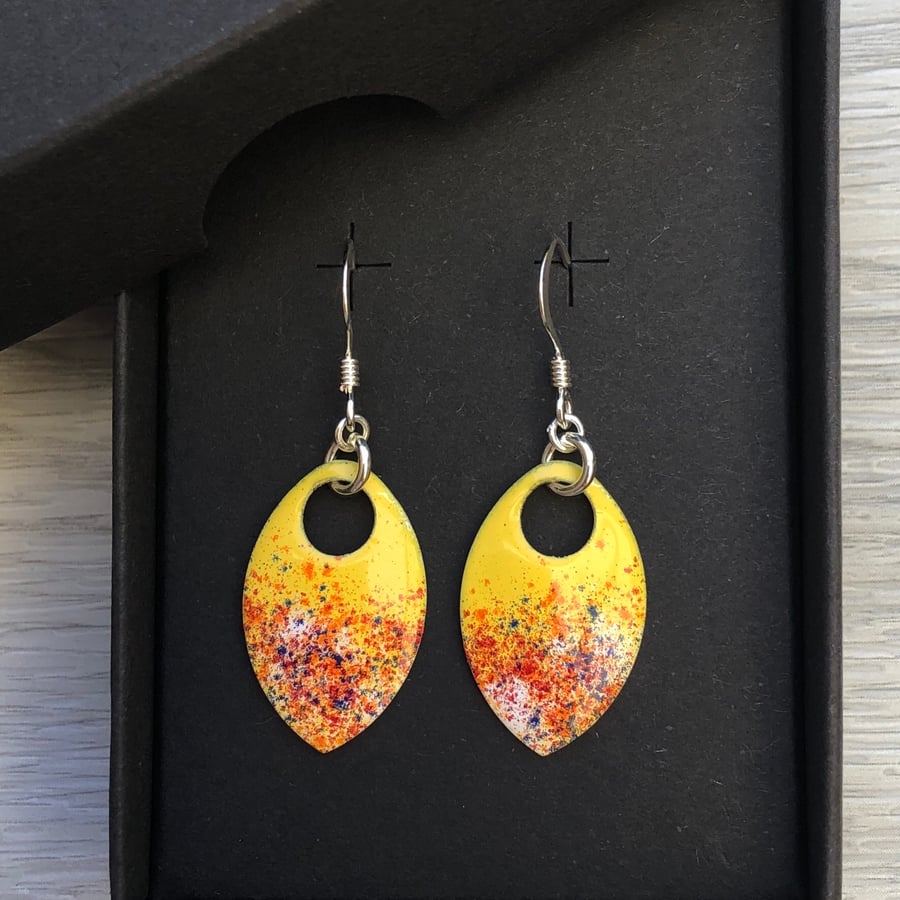 Yellow and red mix enamel scale earrings. Sterling silver. 