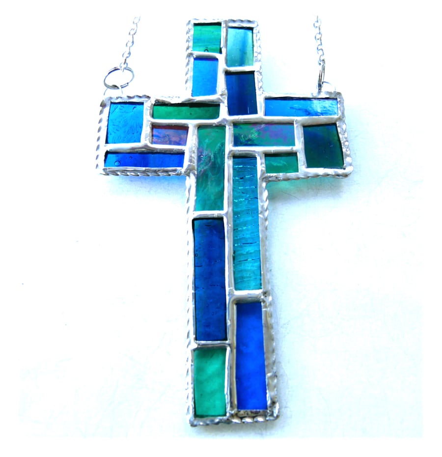 Cross Suncatcher Stained Glass Patchwork Green Teal Handmade 